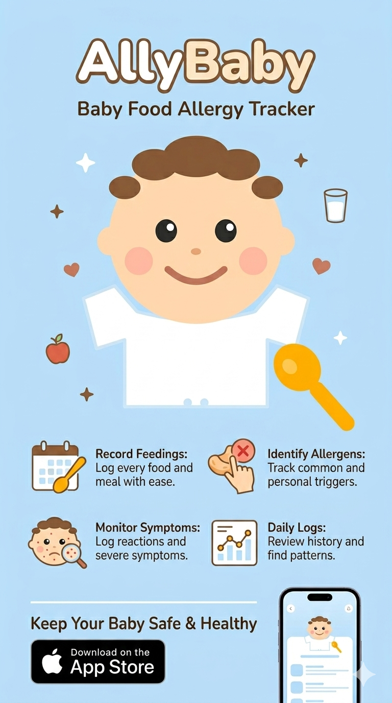 AllyBaby app showing food and symptom tracking